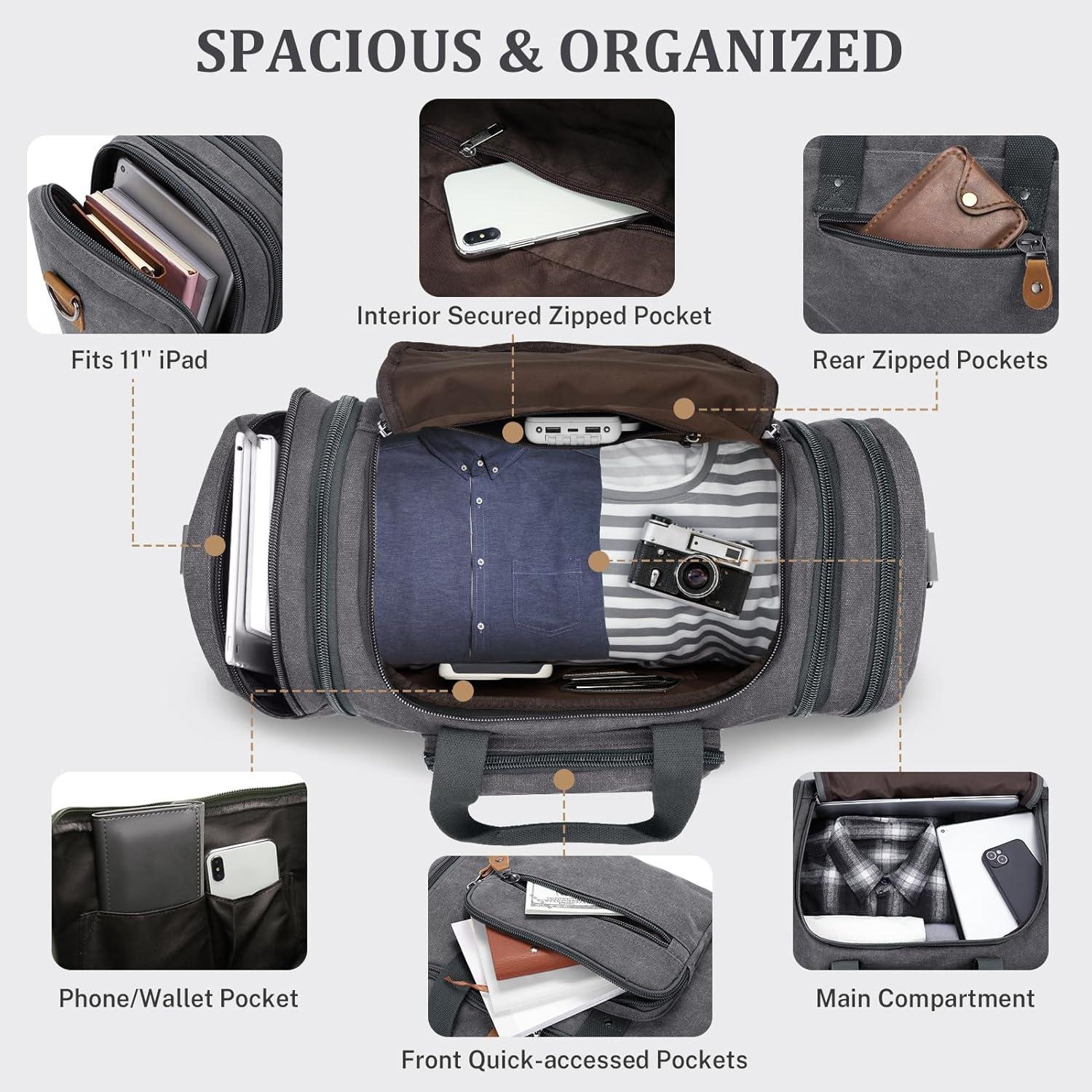 image:imageGonex Canvas Duffle Bag for Travel 60L Expandable Duffel Weekend Overnight Bag men Dark GrayGrey