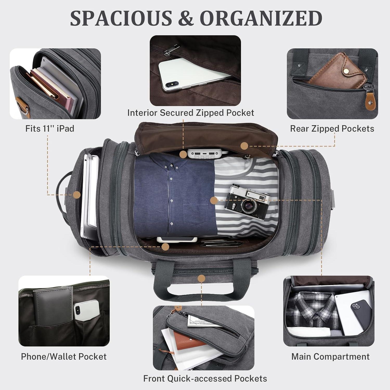 image:imageGonex Canvas Duffle Bag for Travel 60L Expandable Duffel Weekend Overnight Bag men Dark GrayGrey