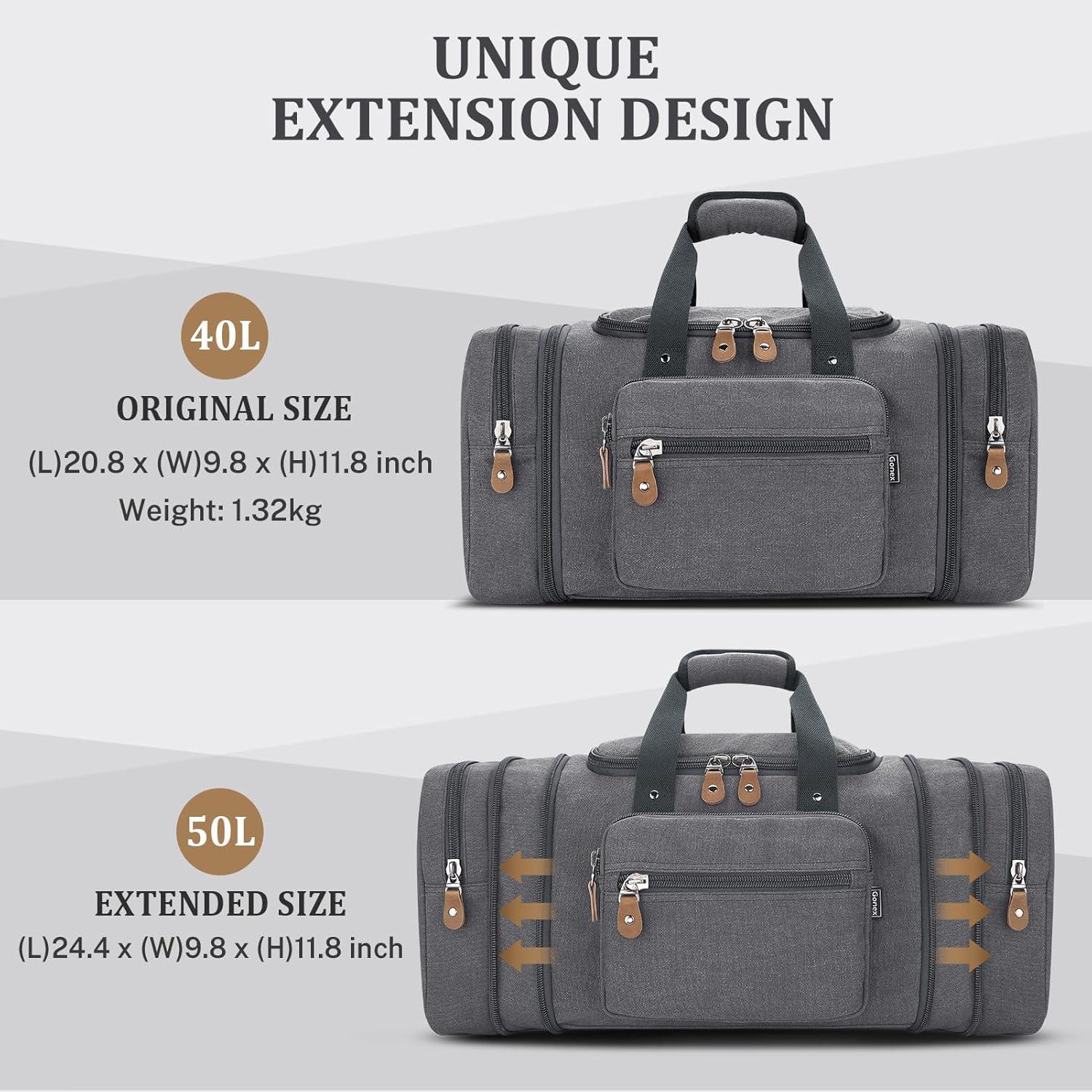 image:imageGonex Canvas Duffle Bag for Travel 60L Expandable Duffel Weekend Overnight Bag men Dark GrayGrey