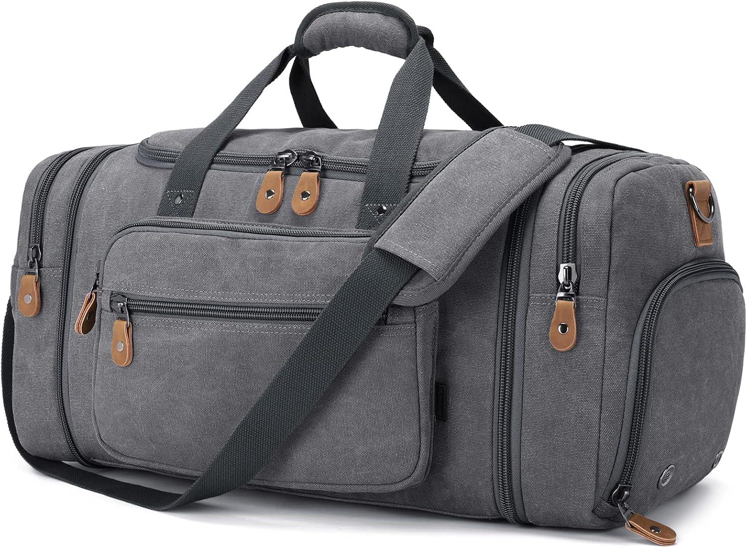 image:imageGonex Canvas Duffle Bag for Travel 60L Expandable Duffel Weekend Overnight Bag men Dark GrayGrey