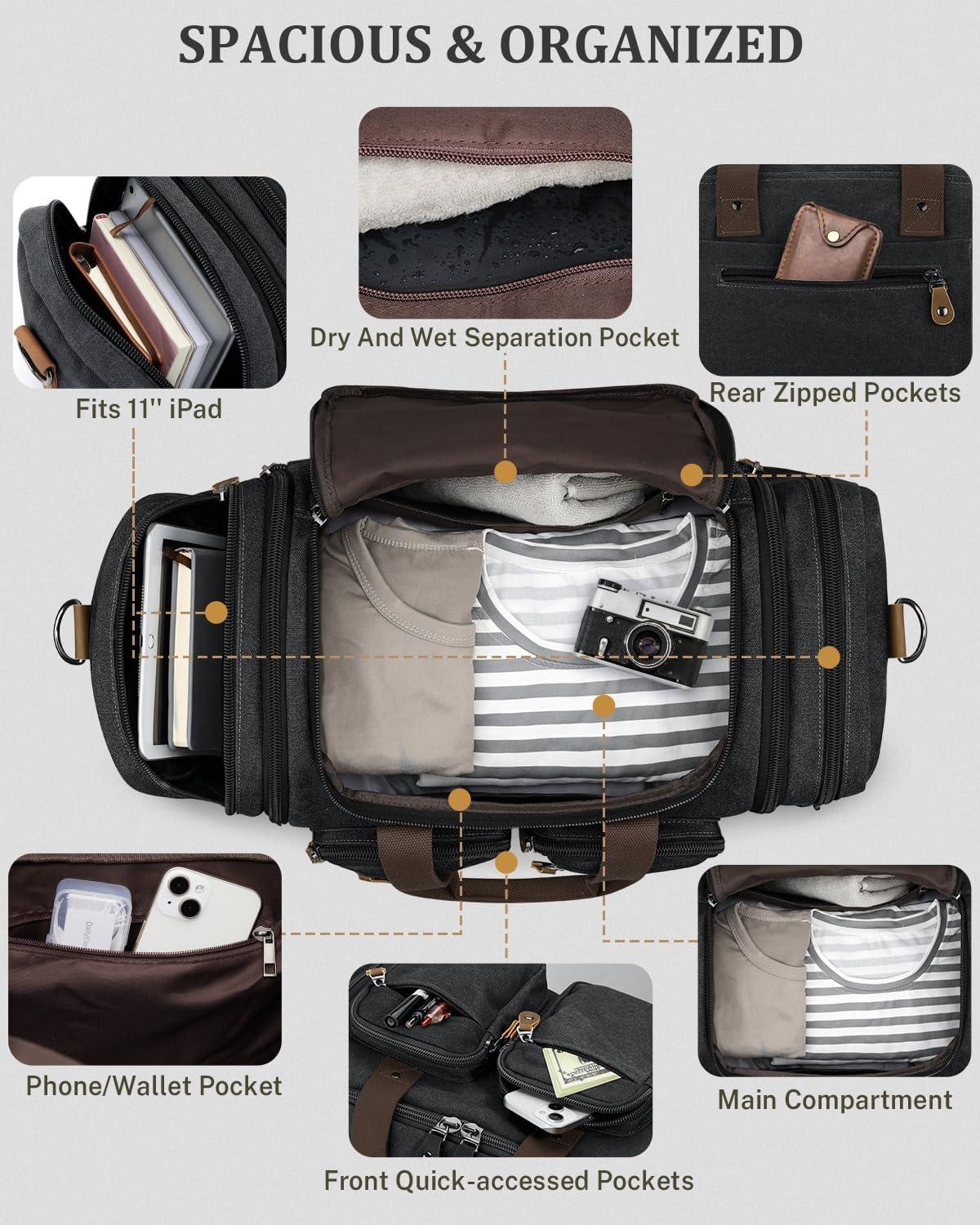 image:imageGonex Canvas Duffle Bag for Travel Expandable Water Resistant 50L Carry on Duffel Overnight Weekender Gym Bag with Wet Dry Separation Pocket amp Suitcase Handle Sleeve Dark GreyDark Grey