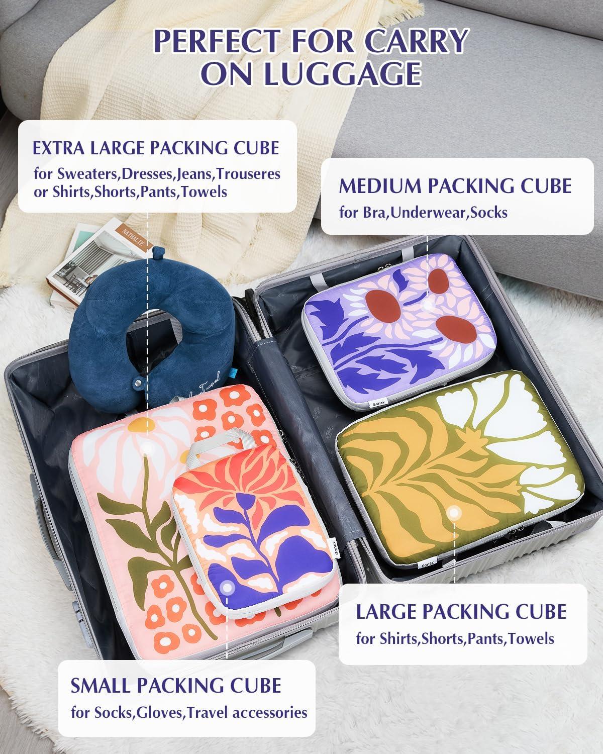 image:imageGonex Compression Packing Cubes 4pcs Expandable Storage Travel Luggage Bags Organizers Travel Cubes for Suitcase Carry On RVFlowers