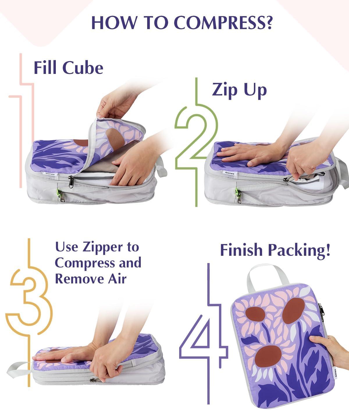 image:imageGonex Compression Packing Cubes 4pcs Expandable Storage Travel Luggage Bags Organizers Travel Cubes for Suitcase Carry On RVFlowers