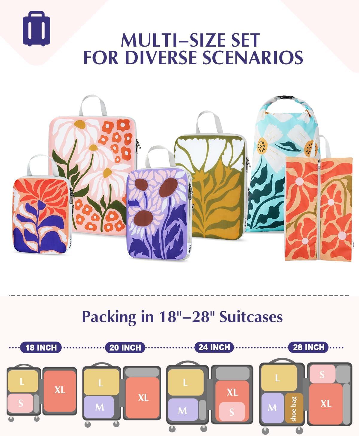 image:imageGonex Compression Packing Cubes 4pcs Expandable Storage Travel Luggage Bags Organizers Travel Cubes for Suitcase Carry On RVFlowers