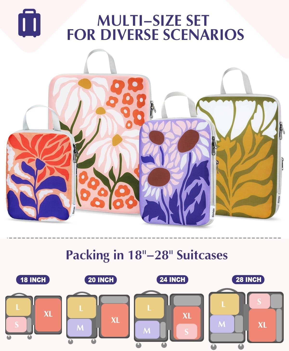 image:imageGonex Compression Packing Cubes 4pcs Expandable Storage Travel Luggage Bags Organizers Travel Cubes for Suitcase Carry On RVFlowers
