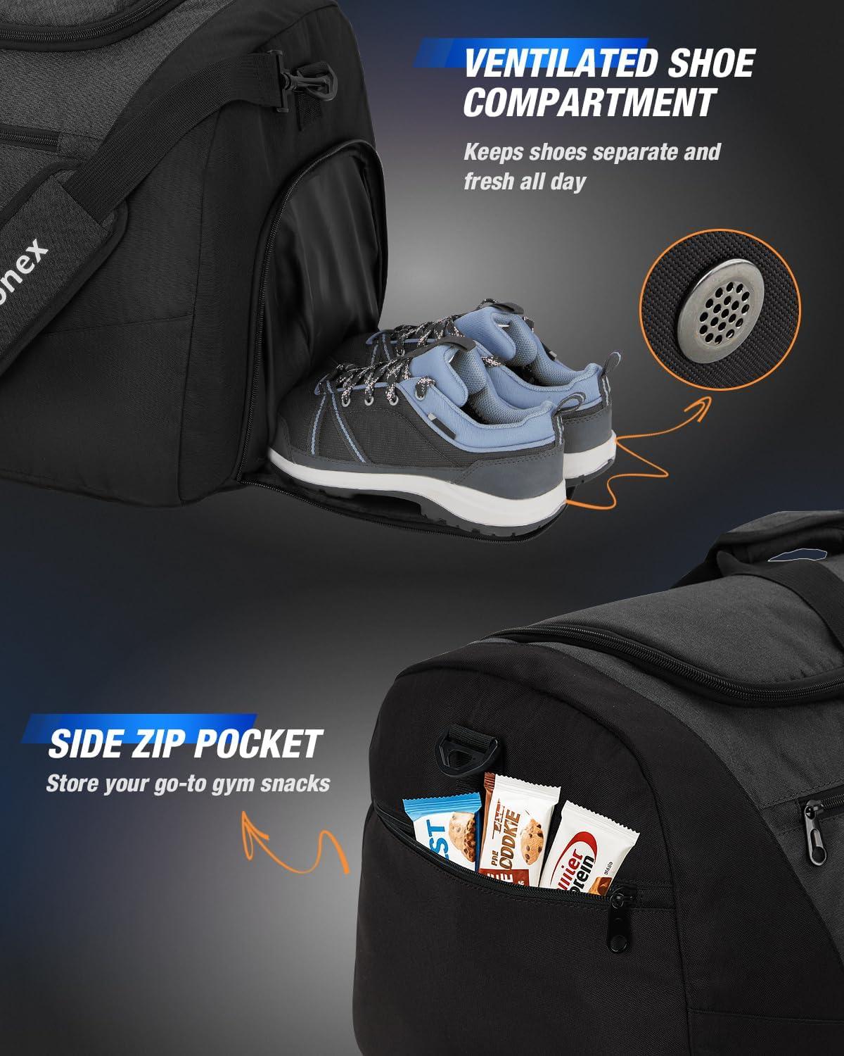 image:imageGonex Gym Duffel Bag with Shoe Compartment Wet Pocket Large Capacity Sports Duffle Bag for Men Women Workout amp Travel Bag with Multiple Pockets BlackGray Medium 60LBlack