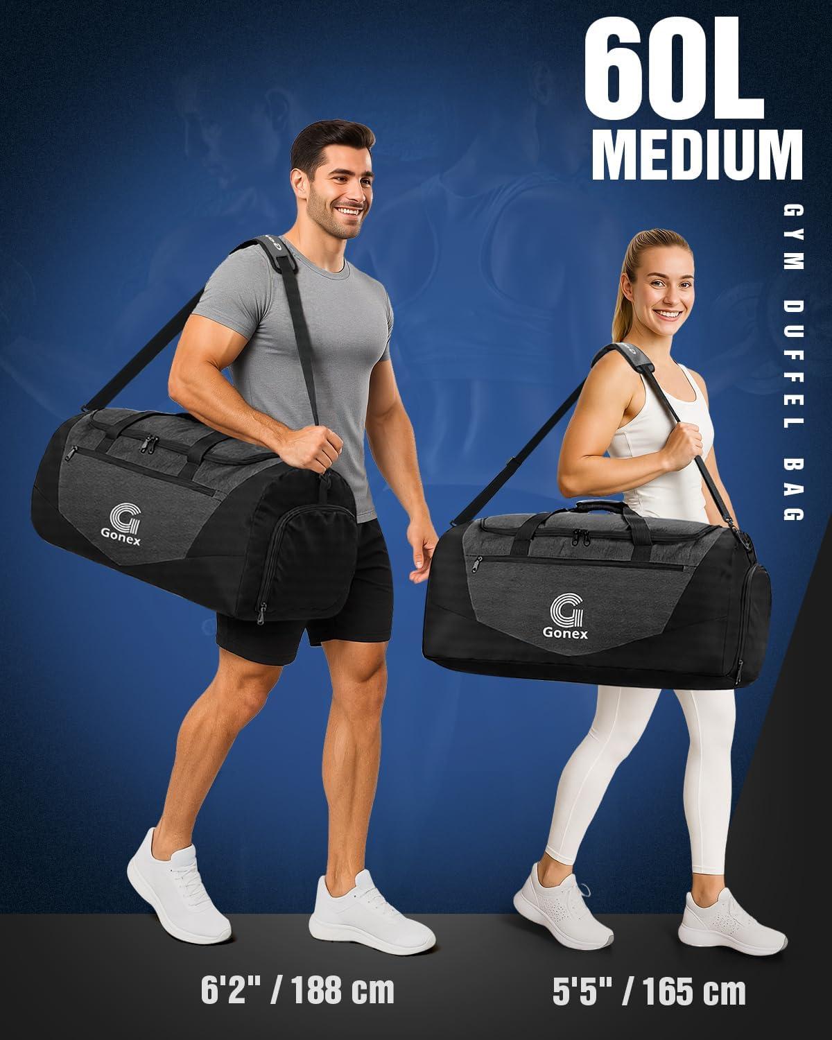 image:imageGonex Gym Duffel Bag with Shoe Compartment Wet Pocket Large Capacity Sports Duffle Bag for Men Women Workout amp Travel Bag with Multiple Pockets BlackGray Medium 60LBlack