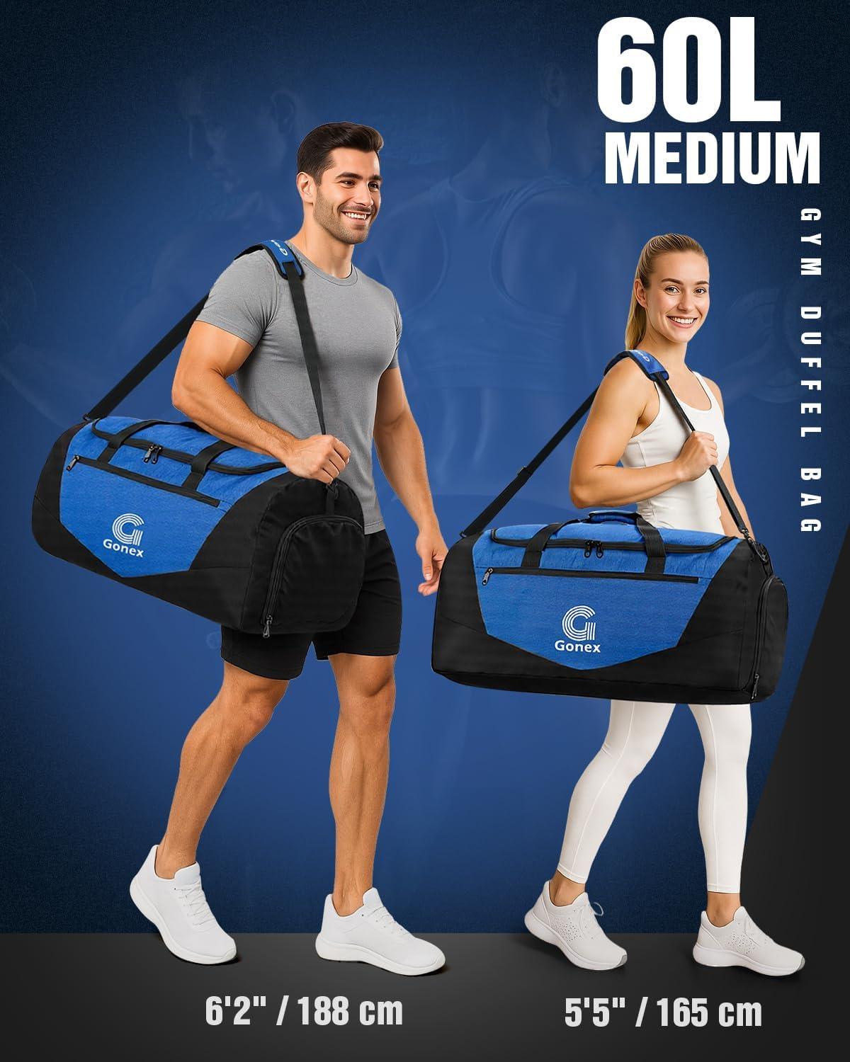 image:imageGonex Gym Duffel Bag with Shoe Compartment Wet Pocket Large Capacity Sports Duffle Bag for Men Women Workout amp Travel Bag with Multiple Pockets BlackGray Medium 60LBlackBlue