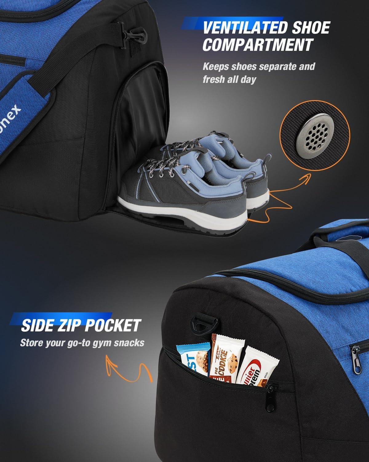 image:imageGonex Gym Duffel Bag with Shoe Compartment Wet Pocket Large Capacity Sports Duffle Bag for Men Women Workout amp Travel Bag with Multiple Pockets BlackGray Medium 60LBlackBlue