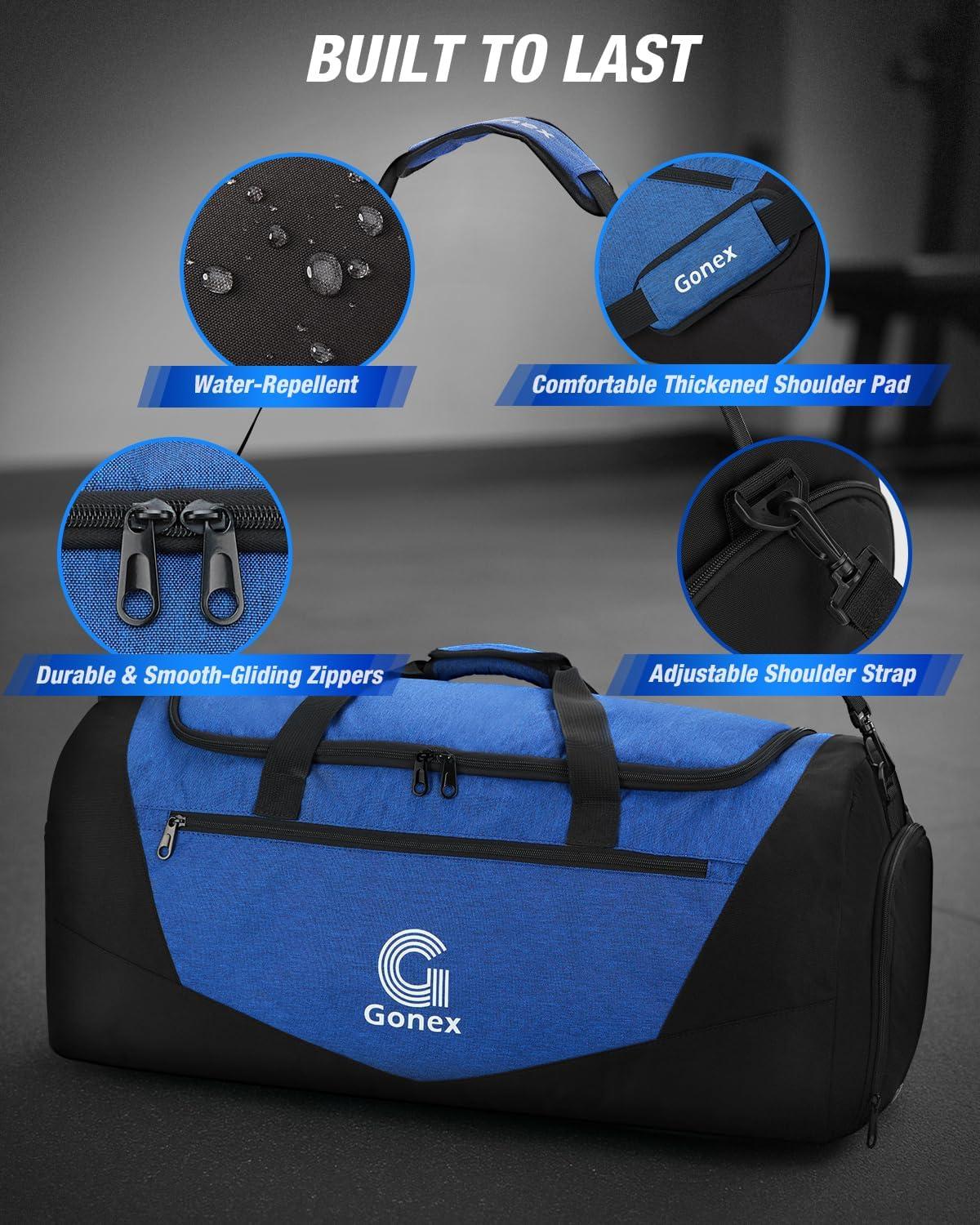 image:imageGonex Gym Duffel Bag with Shoe Compartment Wet Pocket Large Capacity Sports Duffle Bag for Men Women Workout amp Travel Bag with Multiple Pockets BlackGray Medium 60LBlackBlue