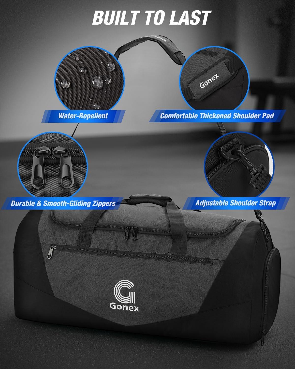 image:imageGonex Gym Duffel Bag with Shoe Compartment Wet Pocket Large Capacity Sports Duffle Bag for Men Women Workout amp Travel Bag with Multiple Pockets BlackGray Medium 60LBlack
