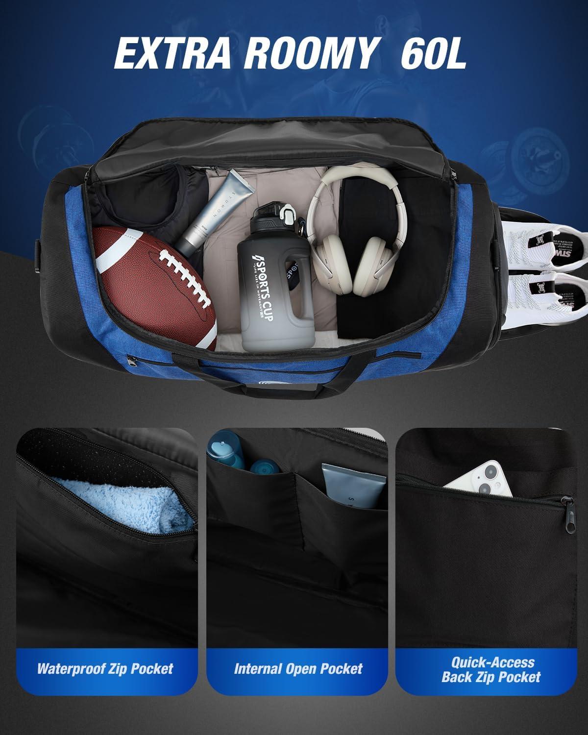 image:imageGonex Gym Duffel Bag with Shoe Compartment Wet Pocket Large Capacity Sports Duffle Bag for Men Women Workout amp Travel Bag with Multiple Pockets BlackGray Medium 60LBlackBlue