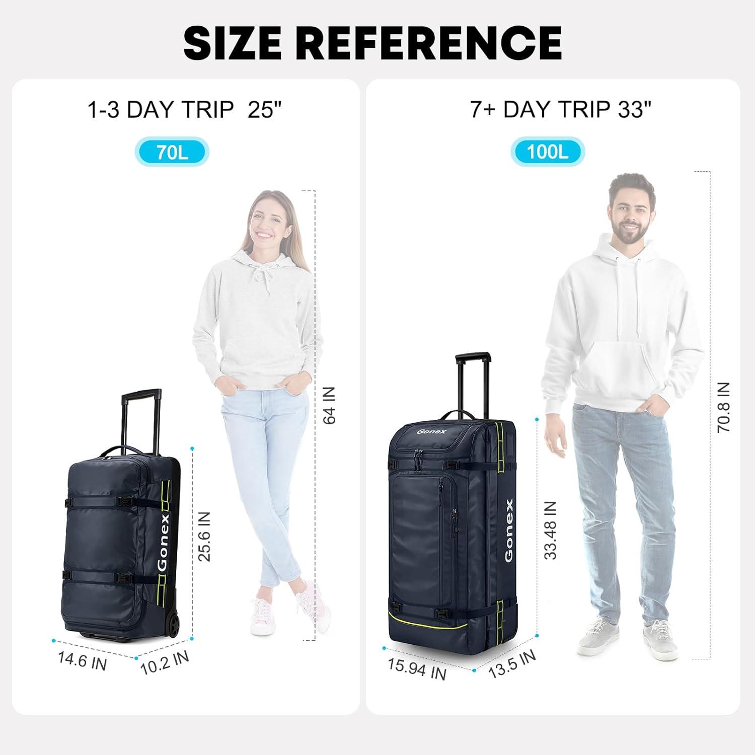 image:imageGonex Rolling Duffle Bag with Wheels 100L Water Repellent Large Wheeled Travel Duffel Luggage with Rollers 33 inch Olive GreenNavy 25 inch