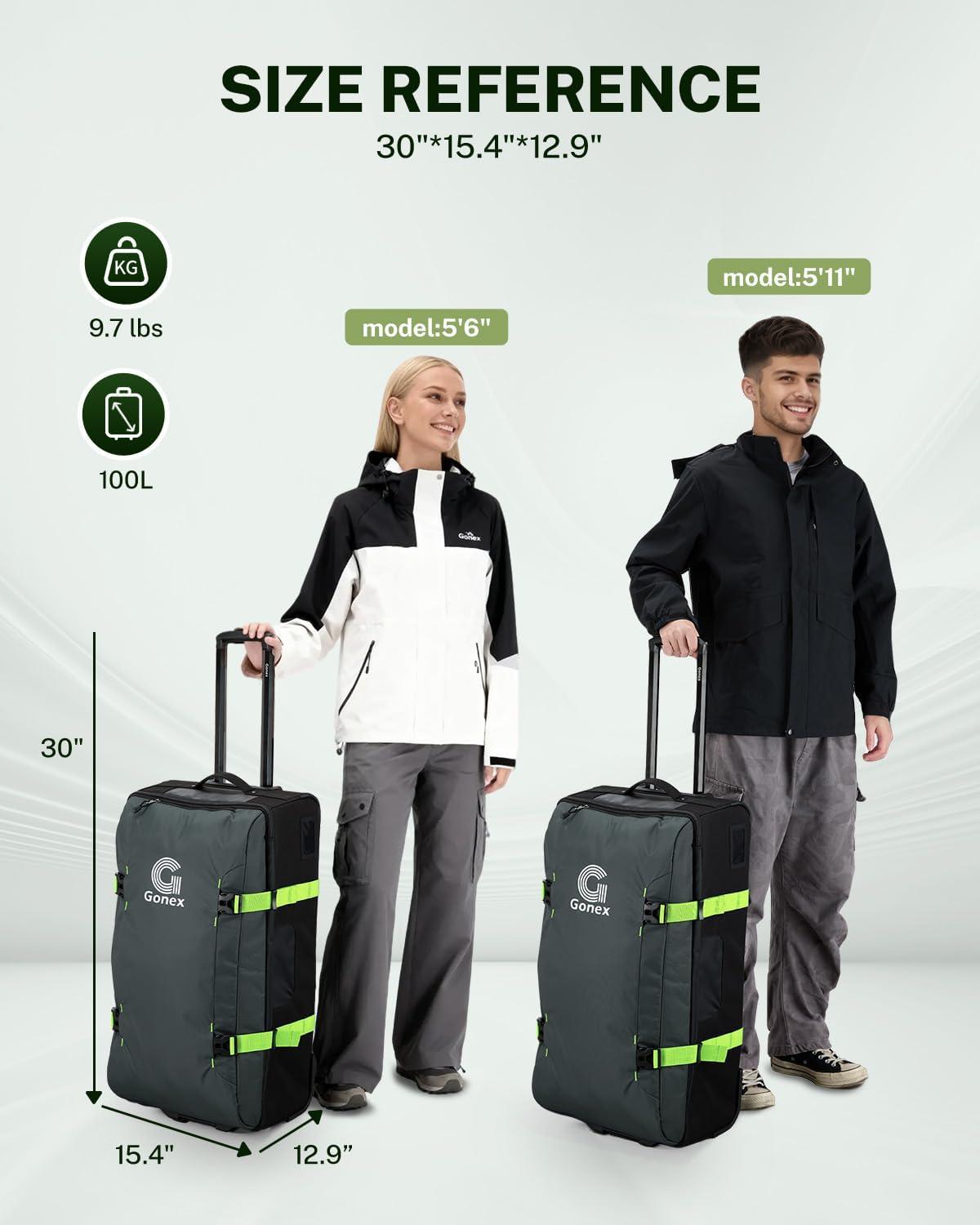 image:imageGonex Rolling Duffle Bag with Wheels Waterrepellent 30 inch Nylon Large Wheeled Travel Duffel Luggage with TSA Lock amp Telescopic Handle 100L BlackGreen