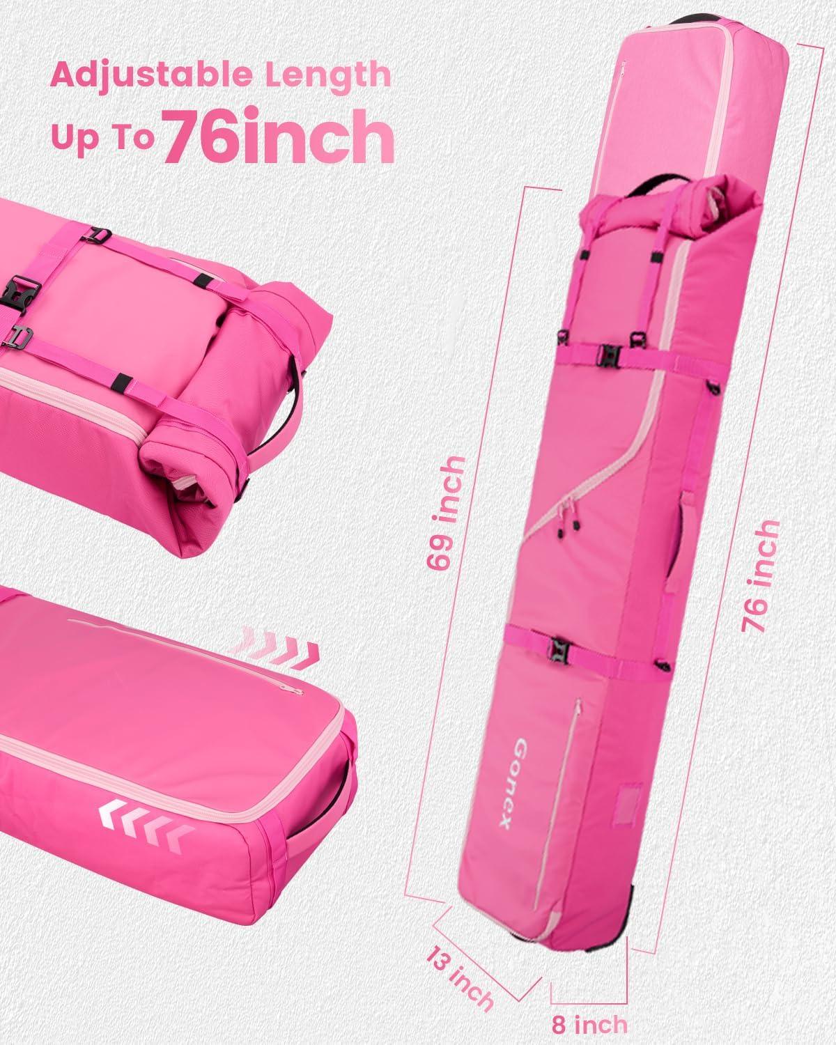 image:imageGonex Snowboard Bag with WheelsAdjustable Length Up to 175cm to 190cm Fully Padded Ski Bag for Air Travel 1200D Polyester PVC Waterproof Rolling Ski Bag with Skis StrapesPink