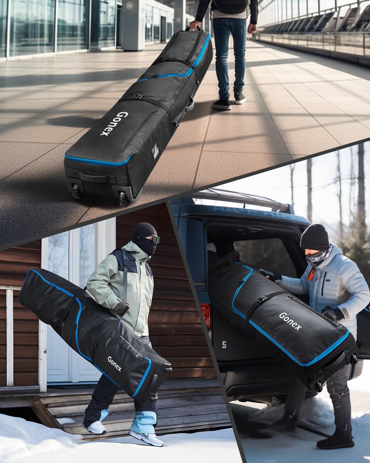 image:imageGonex Snowboard Bag with WheelsAdjustable Length Up to 175cm to 190cm Fully Padded Ski Bag for Air Travel 1200D Polyester PVC Waterproof Rolling Ski Bag with Skis StrapesBlack