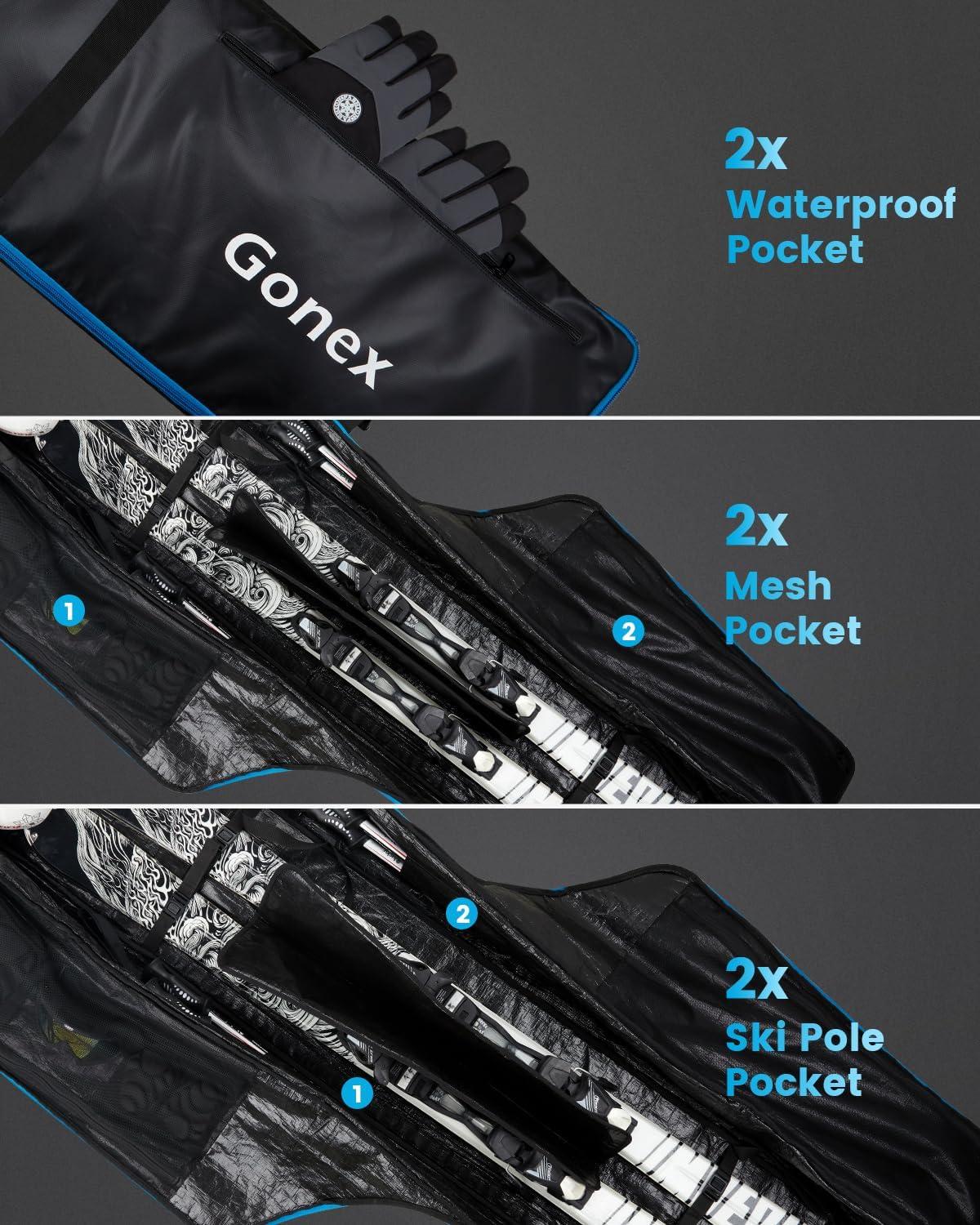 image:imageGonex Snowboard Bag with WheelsAdjustable Length Up to 175cm to 190cm Fully Padded Ski Bag for Air Travel 1200D Polyester PVC Waterproof Rolling Ski Bag with Skis StrapesBlack