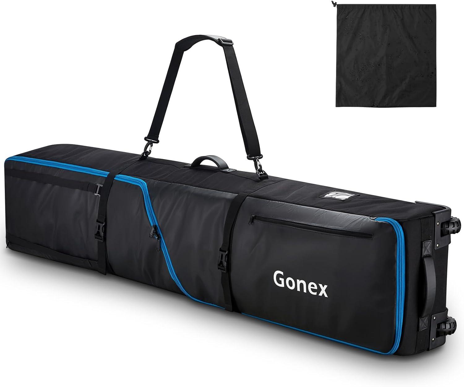 image:imageGonex Snowboard Bag with WheelsAdjustable Length Up to 175cm to 190cm Fully Padded Ski Bag for Air Travel 1200D Polyester PVC Waterproof Rolling Ski Bag with Skis StrapesBlack
