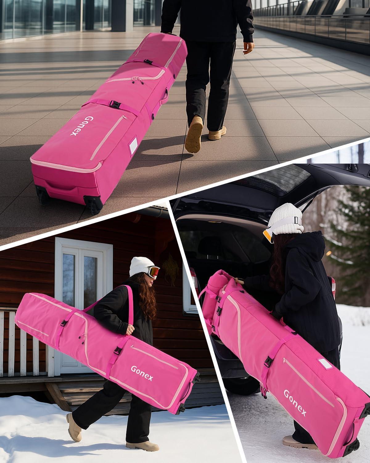 image:imageGonex Snowboard Bag with WheelsAdjustable Length Up to 175cm to 190cm Fully Padded Ski Bag for Air Travel 1200D Polyester PVC Waterproof Rolling Ski Bag with Skis StrapesPink