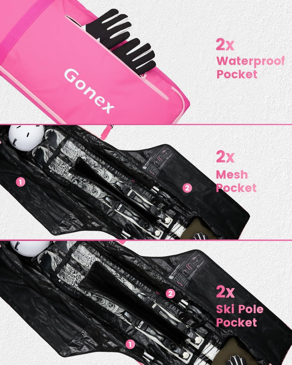image:imageGonex Snowboard Bag with WheelsAdjustable Length Up to 175cm to 190cm Fully Padded Ski Bag for Air Travel 1200D Polyester PVC Waterproof Rolling Ski Bag with Skis StrapesPink