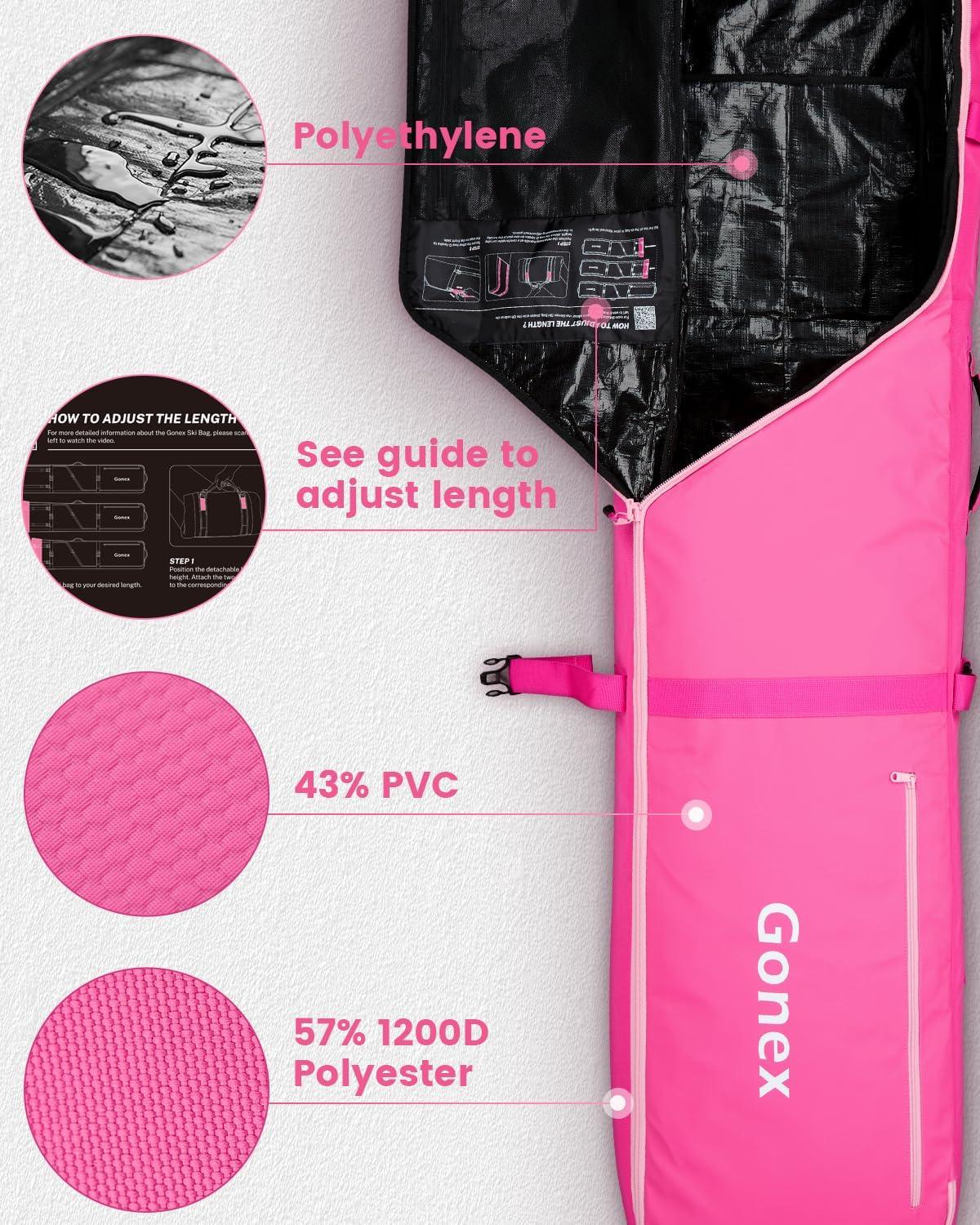 image:imageGonex Snowboard Bag with WheelsAdjustable Length Up to 175cm to 190cm Fully Padded Ski Bag for Air Travel 1200D Polyester PVC Waterproof Rolling Ski Bag with Skis StrapesPink