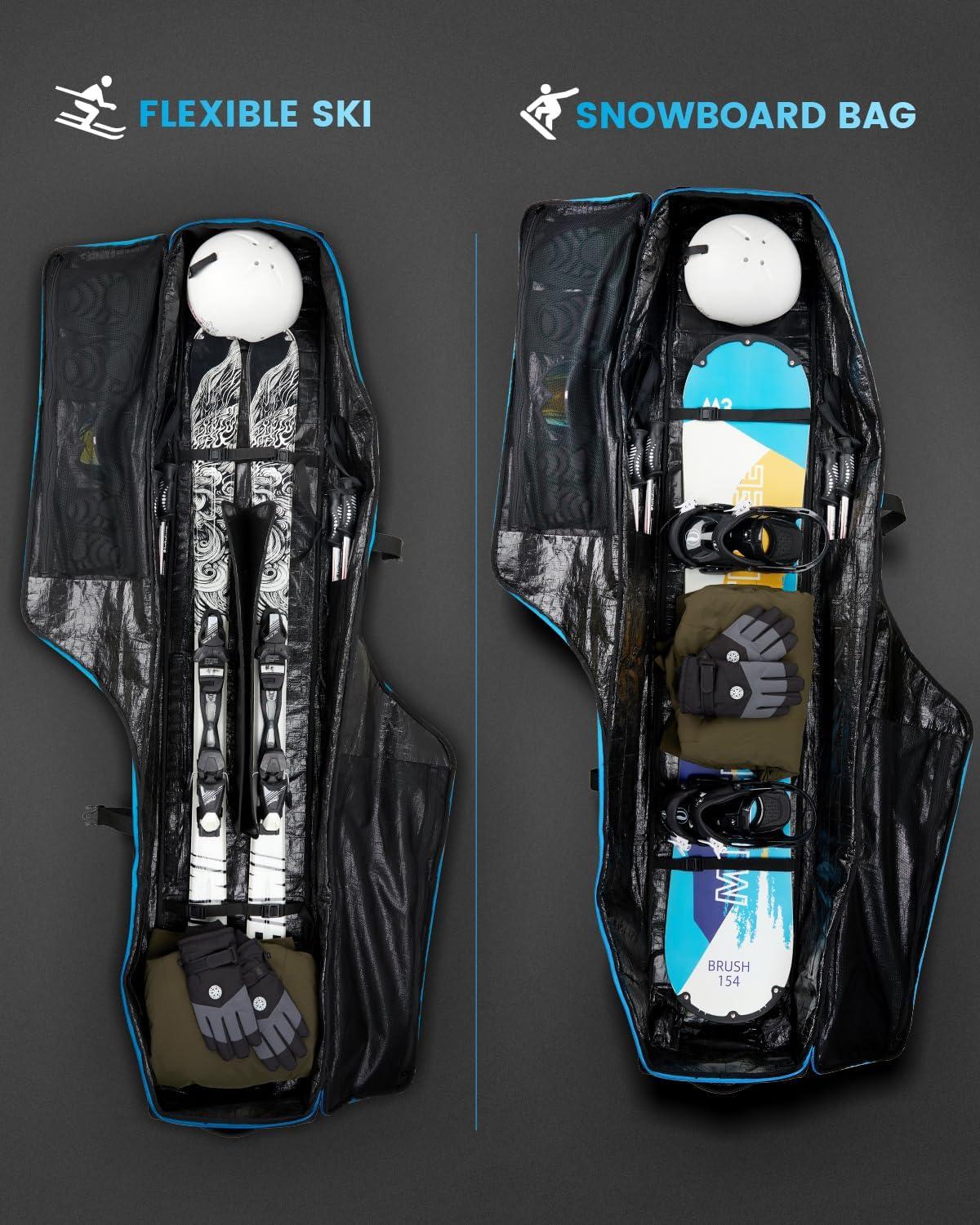 image:imageGonex Snowboard Bag with WheelsAdjustable Length Up to 175cm to 190cm Fully Padded Ski Bag for Air Travel 1200D Polyester PVC Waterproof Rolling Ski Bag with Skis StrapesBlack