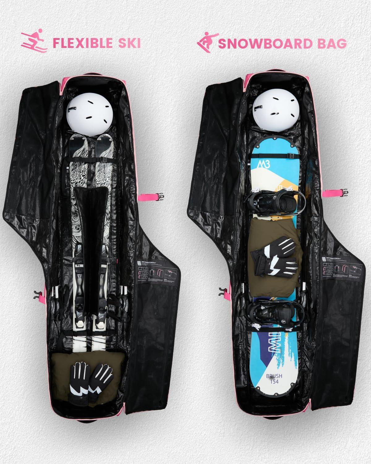 image:imageGonex Snowboard Bag with WheelsAdjustable Length Up to 175cm to 190cm Fully Padded Ski Bag for Air Travel 1200D Polyester PVC Waterproof Rolling Ski Bag with Skis StrapesPink