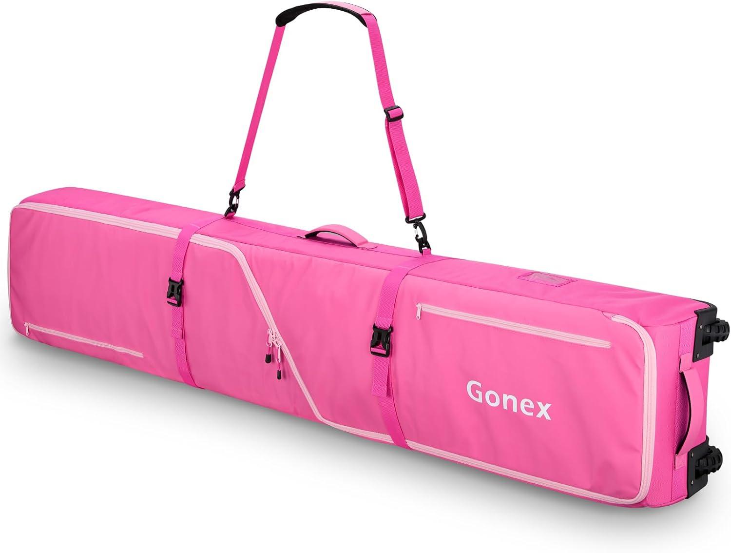 image:imageGonex Snowboard Bag with WheelsAdjustable Length Up to 175cm to 190cm Fully Padded Ski Bag for Air Travel 1200D Polyester PVC Waterproof Rolling Ski Bag with Skis StrapesPink