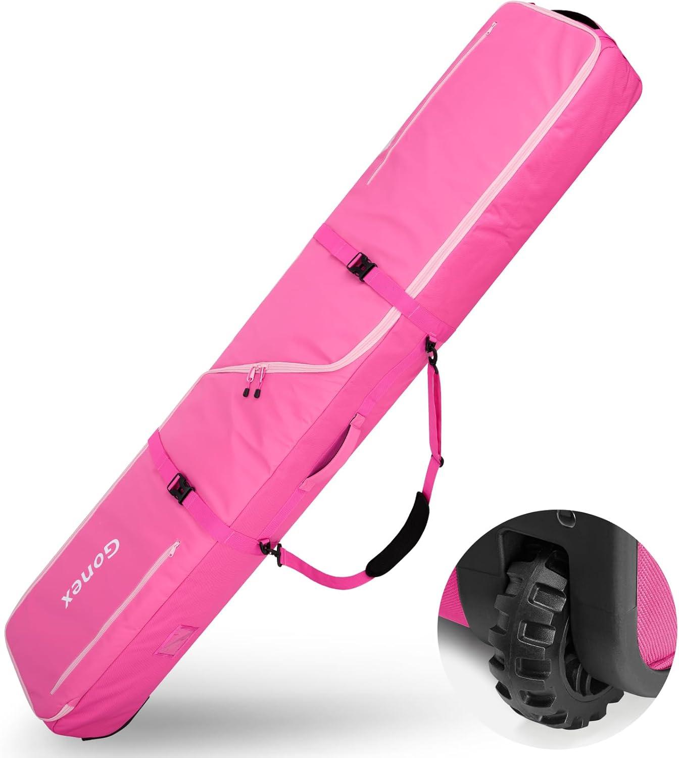 image:imageGonex Snowboard Bag with WheelsAdjustable Length Up to 175cm to 190cm Fully Padded Ski Bag for Air Travel 1200D Polyester PVC Waterproof Rolling Ski Bag with Skis StrapesPink