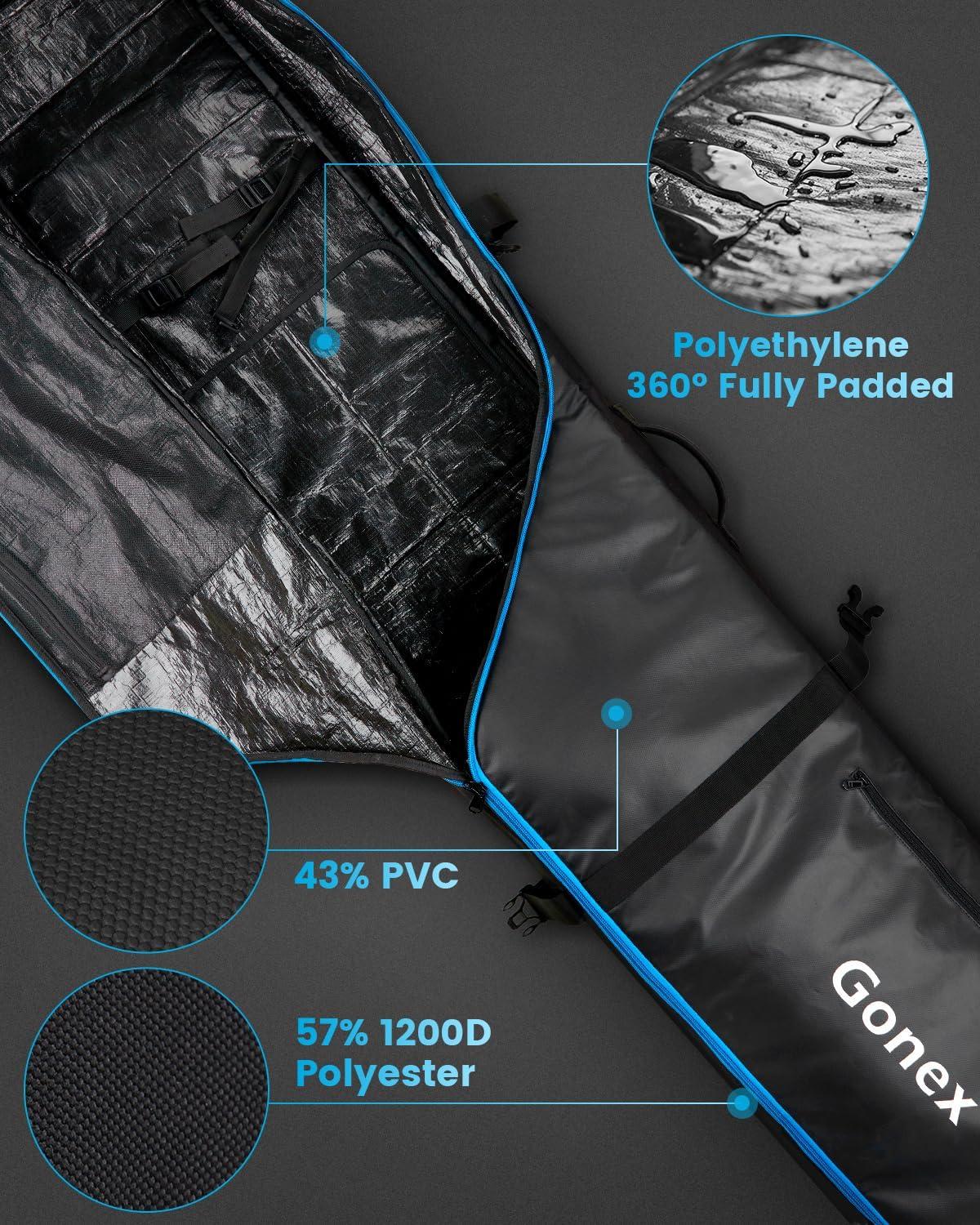 image:imageGonex Snowboard Bag with WheelsAdjustable Length Up to 175cm to 190cm Fully Padded Ski Bag for Air Travel 1200D Polyester PVC Waterproof Rolling Ski Bag with Skis StrapesBlack