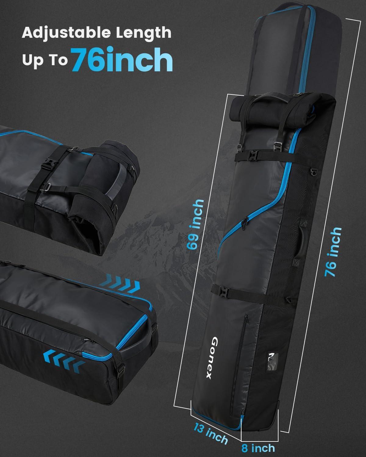 image:imageGonex Snowboard Bag with WheelsAdjustable Length Up to 175cm to 190cm Fully Padded Ski Bag for Air Travel 1200D Polyester PVC Waterproof Rolling Ski Bag with Skis StrapesBlack