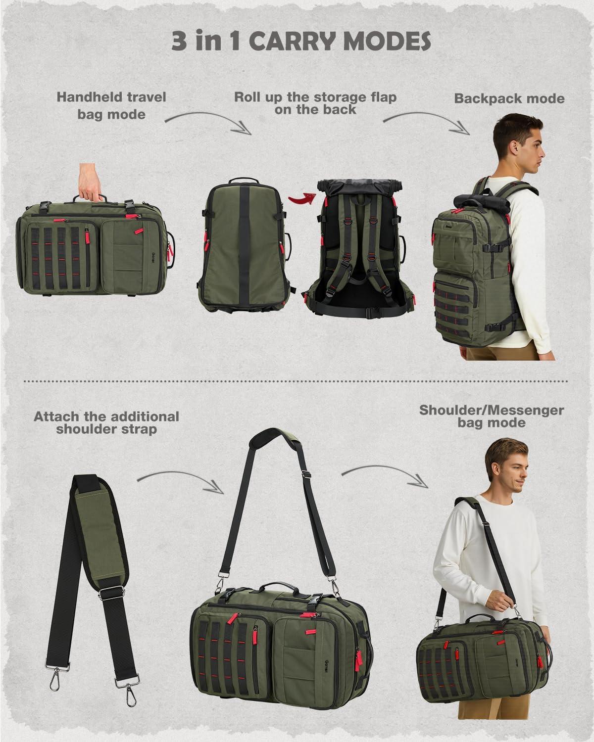 image:imageGonex Travel Backpack Large CarryOn Nylon Duffle Bag 3in1 Convertible Laptop Bag for Men amp Women Durable for Work amp Weekend Travel Army GreenArmy Green