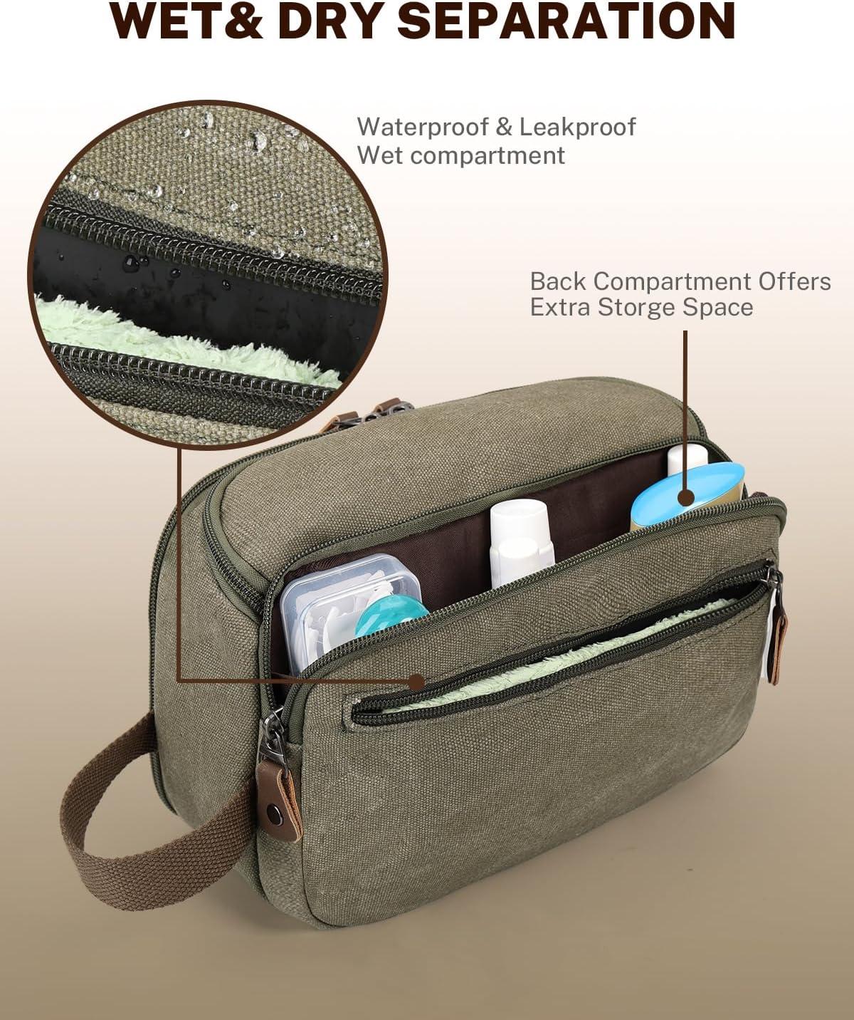 image:imageGonex Travel Toiletry Bag for Men Water Resistant Canvas Wide Open Shaving Bag with Wet Dry Compartment Travel Essentials Toiletries Organizer Army GreenArmy Green