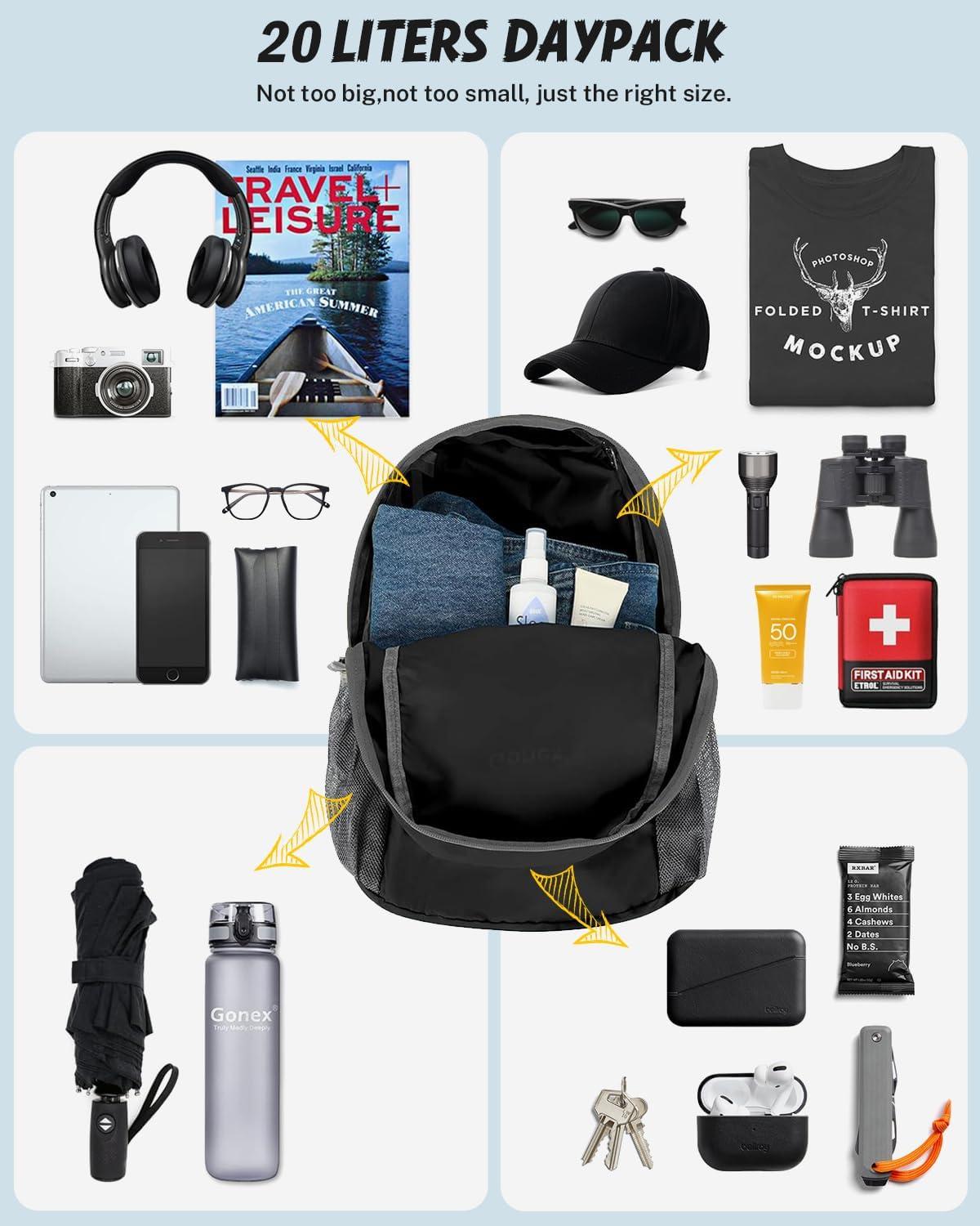 image:imageGonex Ultra Lightweight Packable Backpack 20L Daypack Handy Foldable Camping Outdoor Travel Cycling BackpackingBlack