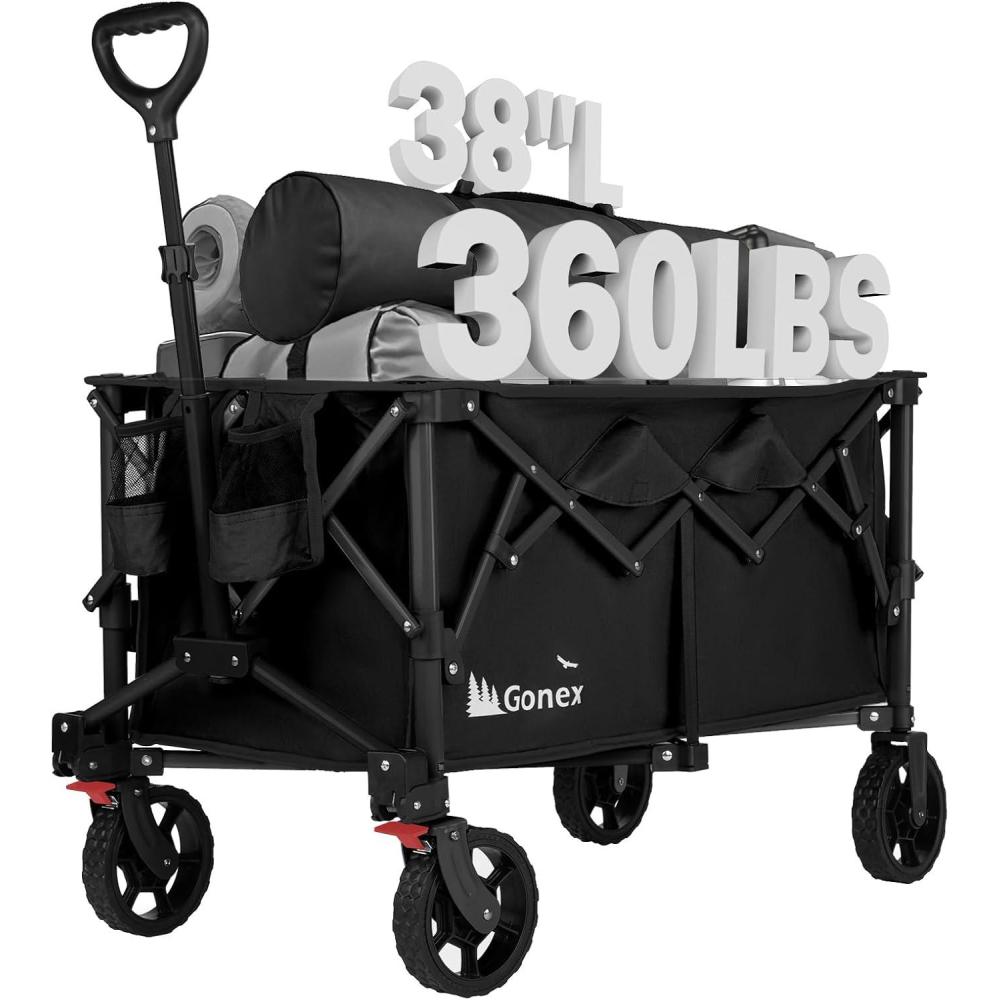 image:imageGonex 220L Collapsible Foldable Wagon Cart with 360lbs Weight Capacity 38L Folding Utility Garden Cart with Detachable Wheels for Grocery Sports Shopping Camping BlackBlack