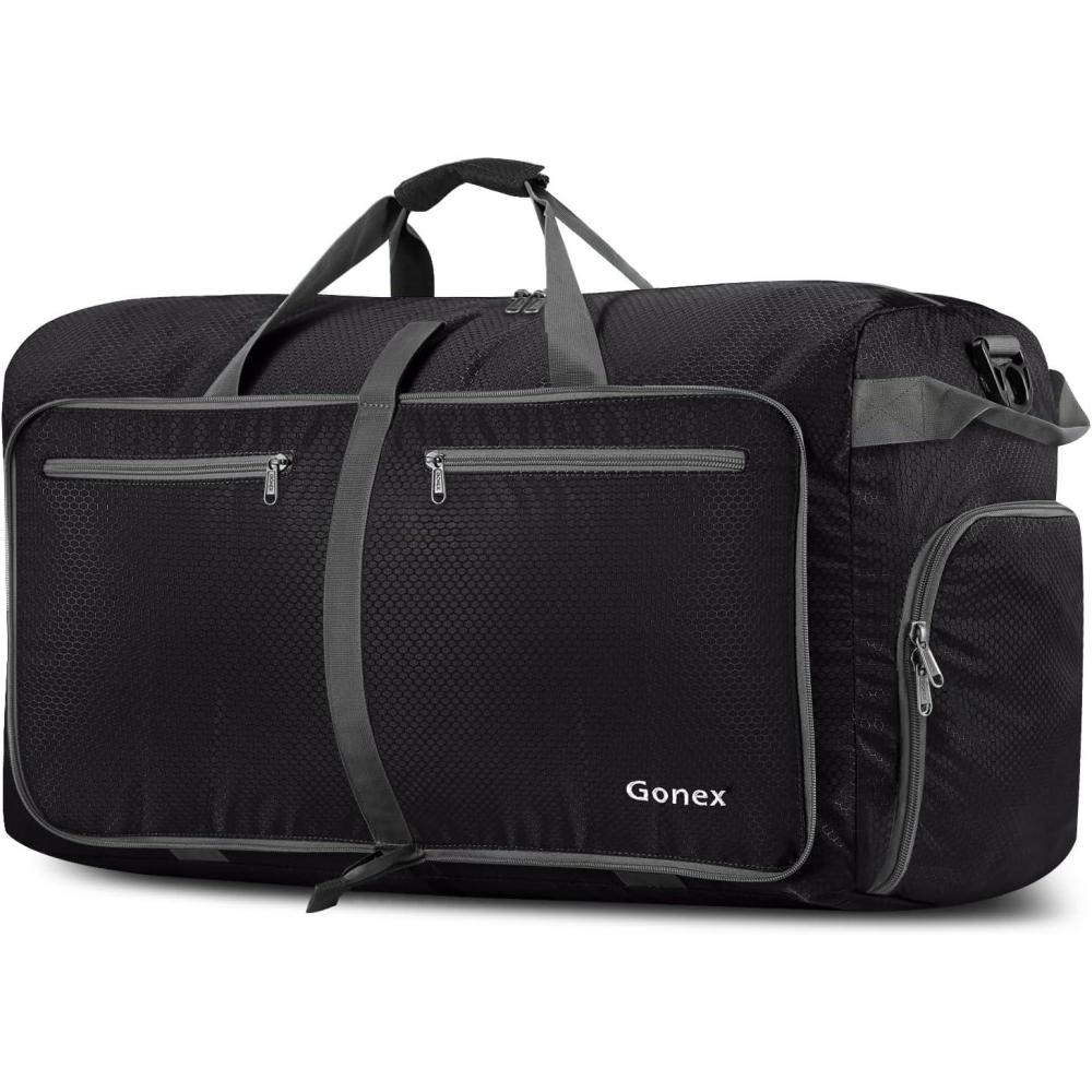 image:imageGonex 40L 60L 80L 100L 150L Large Foldable Travel Duffle Bag with Shoes Compartment Packable Lightweight Water Repellent Duffel Bag for Camping Gym Weekender BagBlack