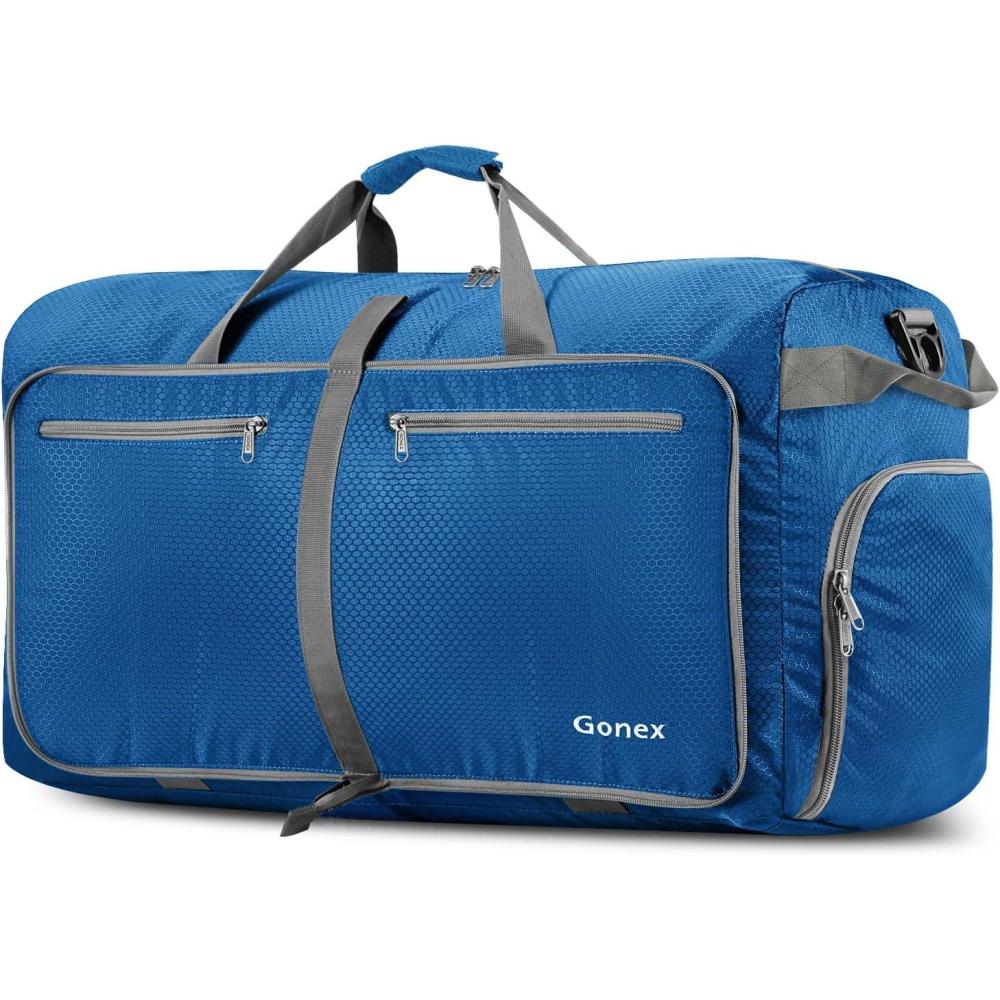 image:imageGonex 40L 60L 80L 100L 150L Large Foldable Travel Duffle Bag with Shoes Compartment Packable Lightweight Water Repellent Duffel Bag for Camping Gym Weekender BagDeep Blue