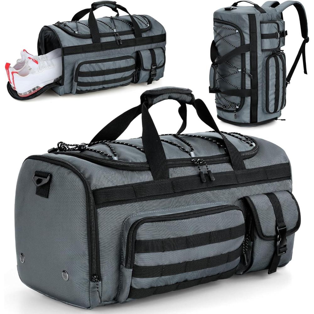 image:imageGonex 45L Duffel Bag for Men 3 in 1 Convertible Carry Gym Duffle with Shoe Compartment Tactical Gear Loops WaterRepellent Lining Workout amp Travel Bag Army GreenGrey