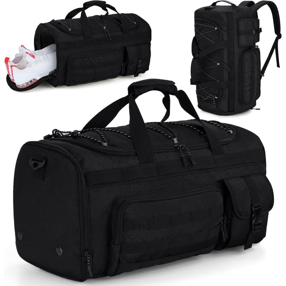 image:imageGonex 45L Duffel Bag for Men 3 in 1 Convertible Carry Gym Duffle with Shoe Compartment Tactical Gear Loops WaterRepellent Lining Workout amp Travel Bag Army GreenBlack