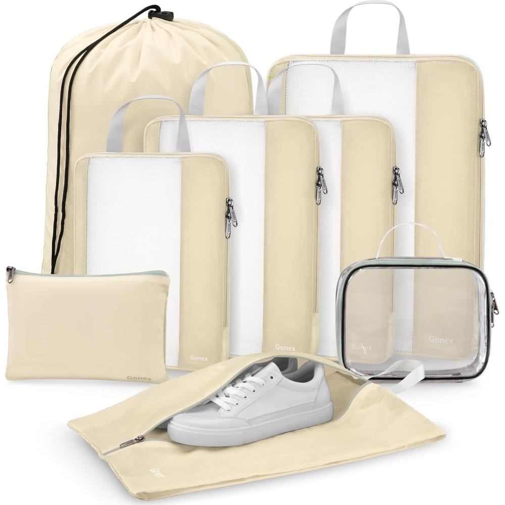 image:imageGonex 8 Set Compression Packing Cubes Expandable Mesh Organizer for Travel Accessories Essentials With Toiletry Laundry Shoe Cable Bags for Suitcases Blue8 PCS Beige