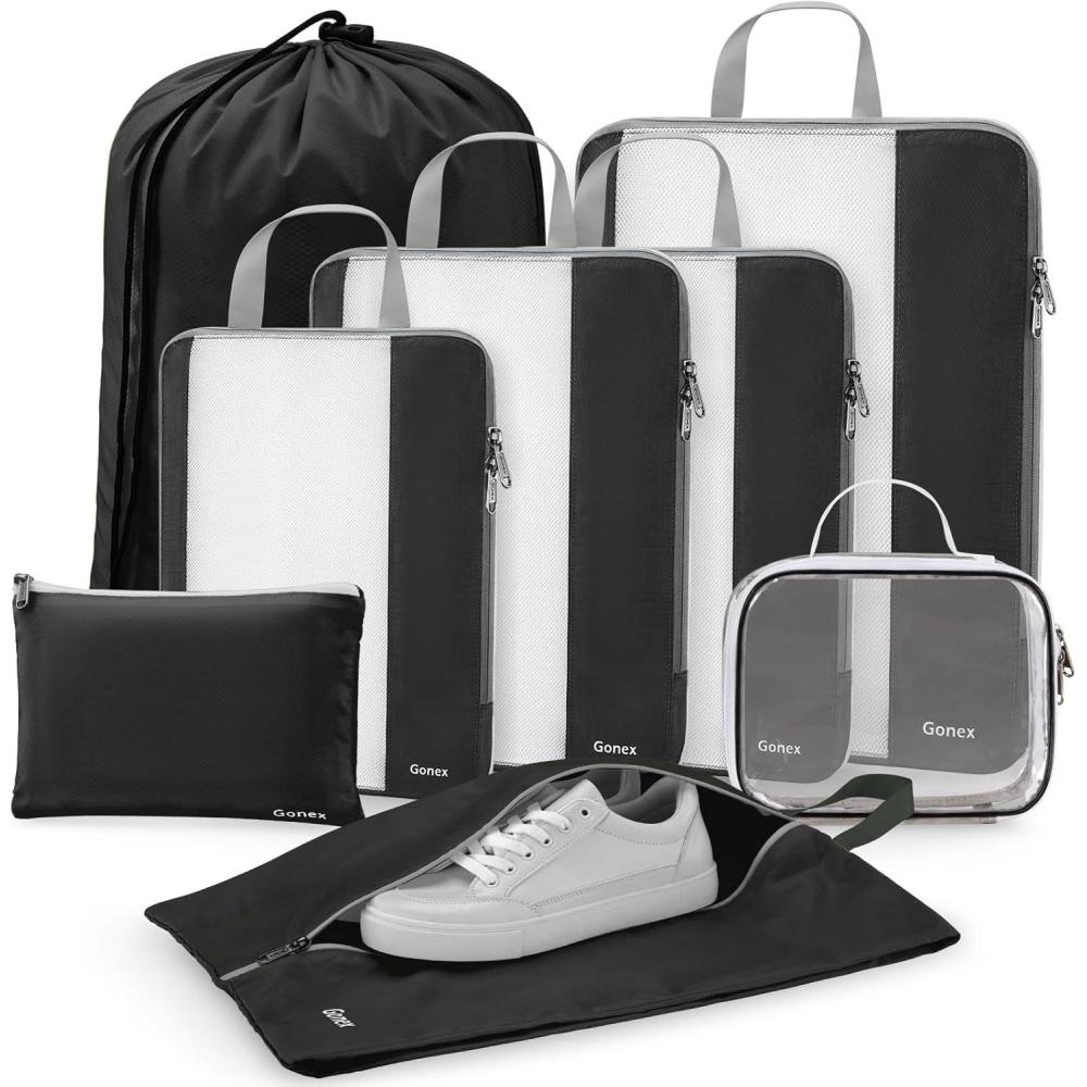 image:imageGonex 8 Set Compression Packing Cubes Expandable Mesh Organizer for Travel Accessories Essentials With Toiletry Laundry Shoe Cable Bags for Suitcases Blue8 PCS Black