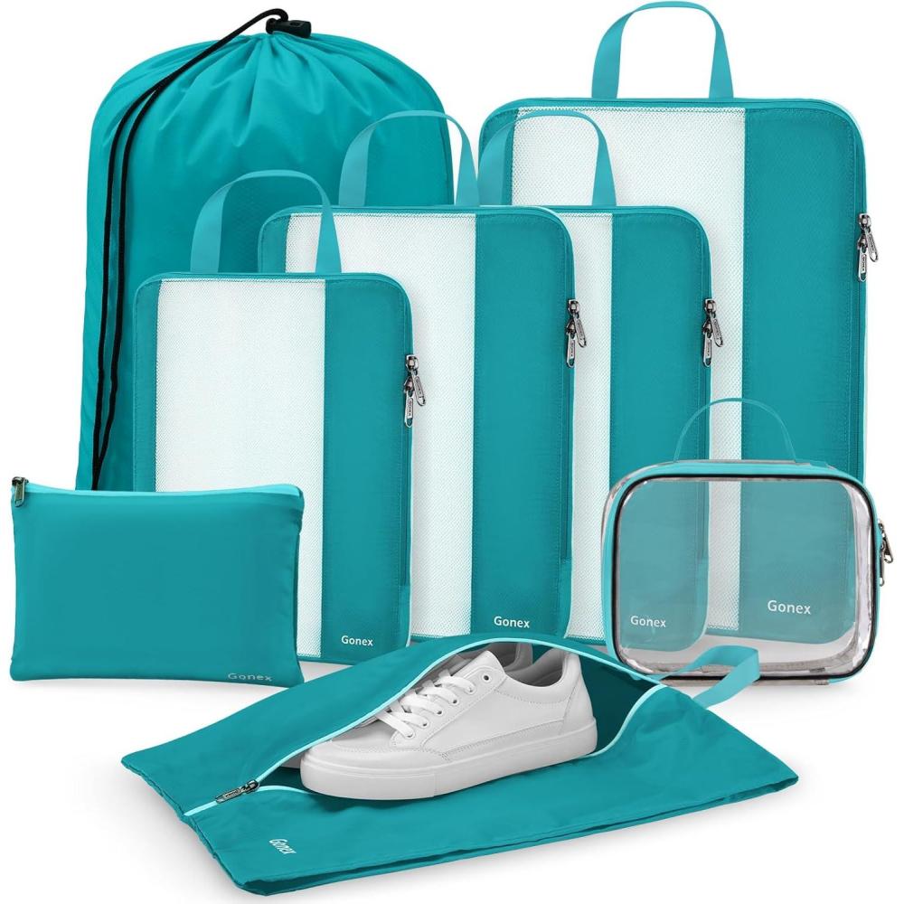 image:imageGonex 8 Set Compression Packing Cubes Expandable Mesh Organizer for Travel Accessories Essentials With Toiletry Laundry Shoe Cable Bags for Suitcases Blue8 PCS Blue