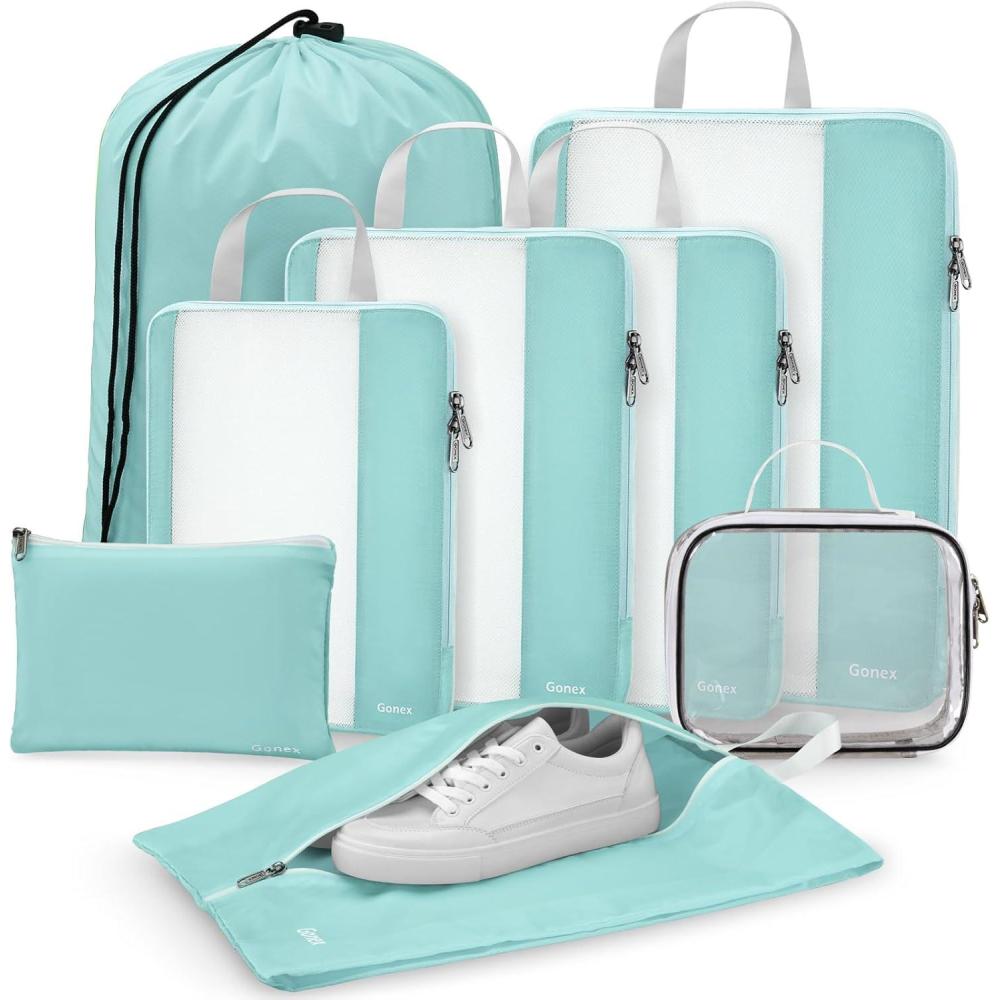 image:imageGonex 8 Set Compression Packing Cubes Expandable Mesh Organizer for Travel Accessories Essentials With Toiletry Laundry Shoe Cable Bags for Suitcases Blue8 PCS Grey Bluegreen