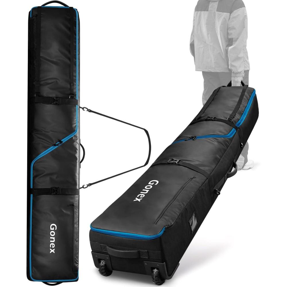 image:imageGonex Snowboard Bag with WheelsAdjustable Length Up to 175cm to 190cm Fully Padded Ski Bag for Air Travel 1200D Polyester PVC Waterproof Rolling Ski Bag with Skis StrapesBlack
