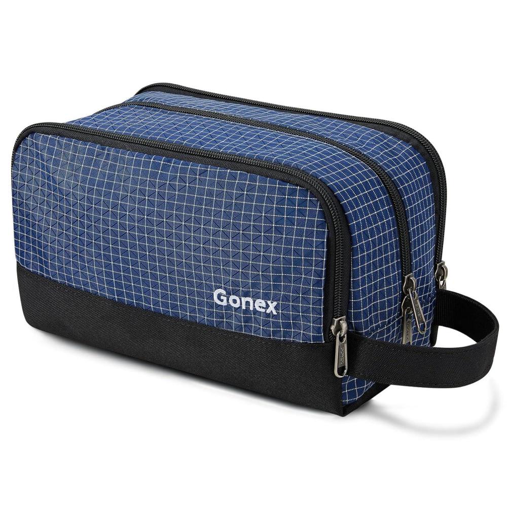 image:imageGonex Travel Toiletry Bag Nylon Shaving Bag Toiletry Organizer OrangeCheck Patten Navy Blue