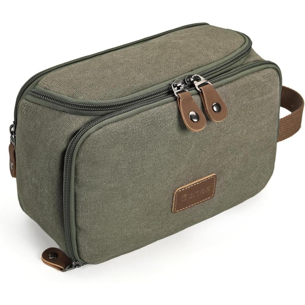 image:imageGonex Travel Toiletry Bag for Men Water Resistant Canvas Wide Open Shaving Bag with Wet Dry Compartment Travel Essentials Toiletries Organizer Army GreenArmy Green