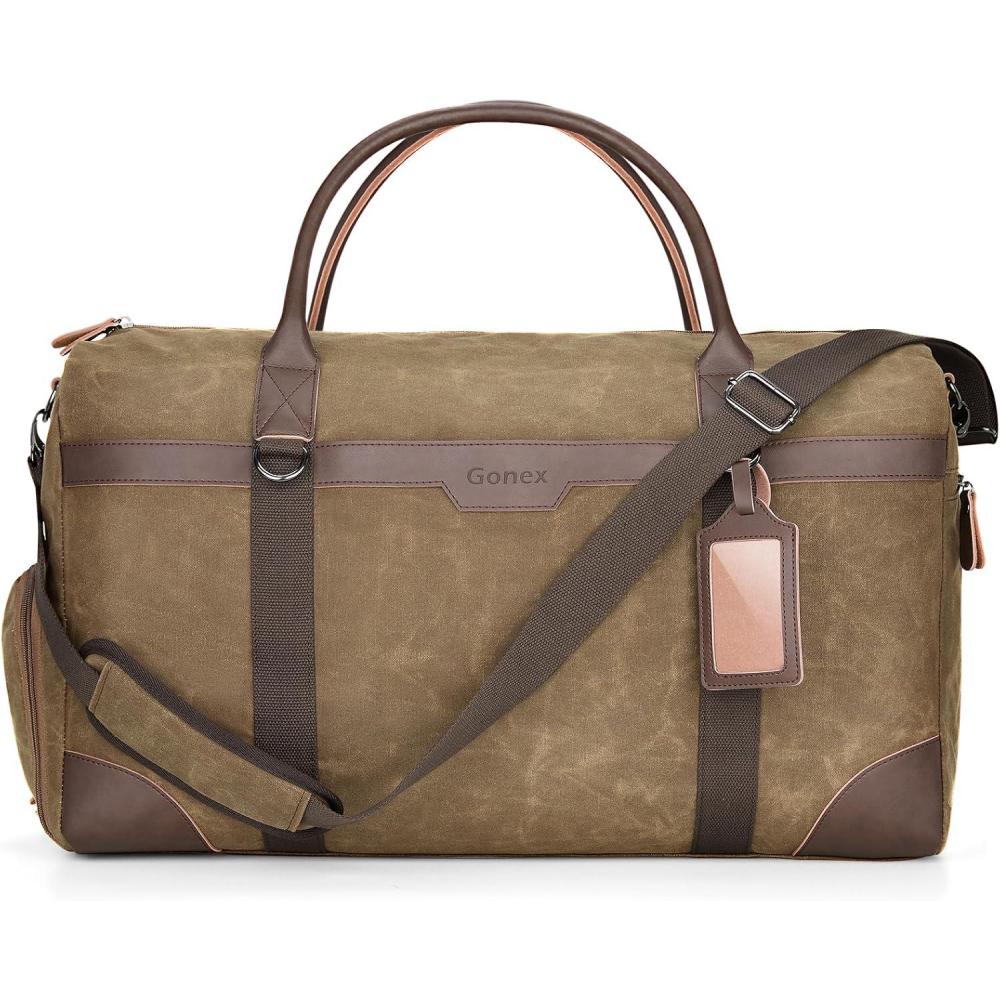 image:imageGonex Waxed Canvas Duffle Bag for Travel Waterresistant Vintage 55L Duffel Weekender with Shoes Compartment amp Luggage Tag Heavyduty Overnight Bag with Suitcase Handle Sleeve for Men Dark GreyCoffee