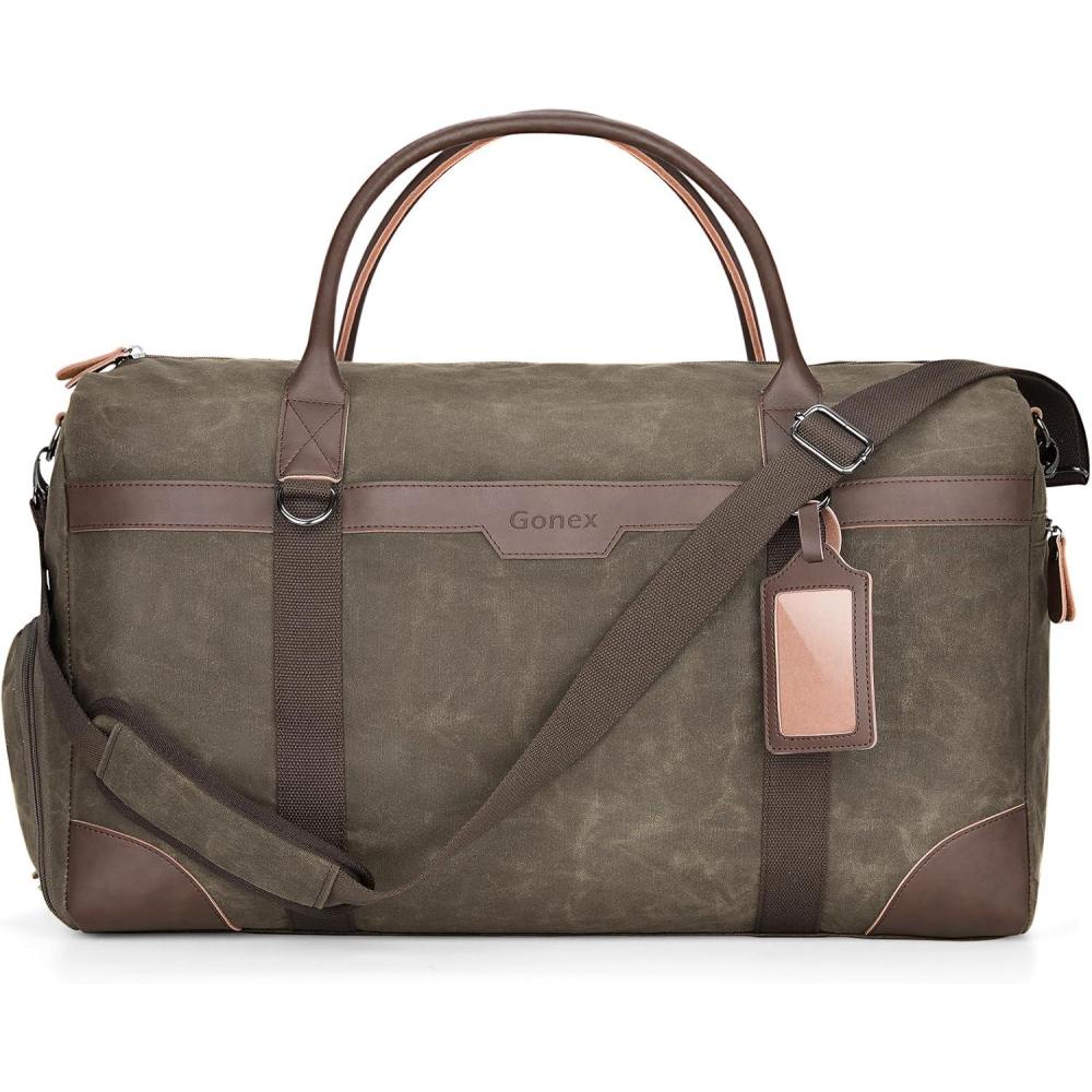 image:imageGonex Waxed Canvas Duffle Bag for Travel Waterresistant Vintage 55L Duffel Weekender with Shoes Compartment amp Luggage Tag Heavyduty Overnight Bag with Suitcase Handle Sleeve for Men Dark GreyArmy Green