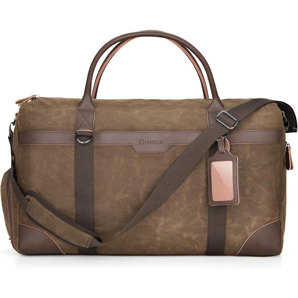 image:imageGonex Waxed Canvas Duffle Bag for Travel Waterresistant Vintage 55L Duffel Weekender with Shoes Compartment amp Luggage Tag Heavyduty Overnight Bag with Suitcase Handle Sleeve for Men Dark GreyDark Brown