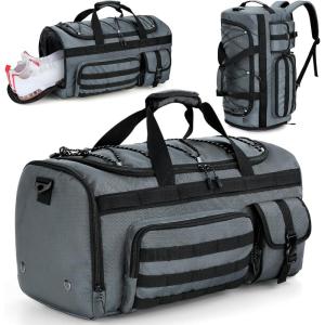 Gonex 45L Duffel Bag for Men, 3 in 1 Convertible Carry Gym Duffle with Shoe Compartment, Tactical Gear Loops, Water-Repellent Lining, Workout & Travel Bag (Army Green)(Grey)